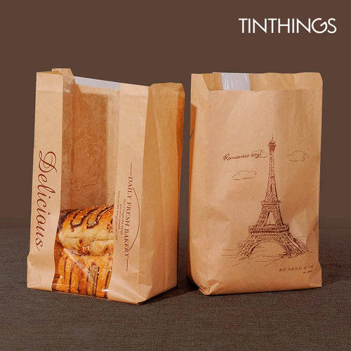 1000PCS 33x16x11cm Kraft Bag Window Baking Packaging Toast Bread bags Bakery Cookie Food Bread Paper Bags Package Eiffel Tower